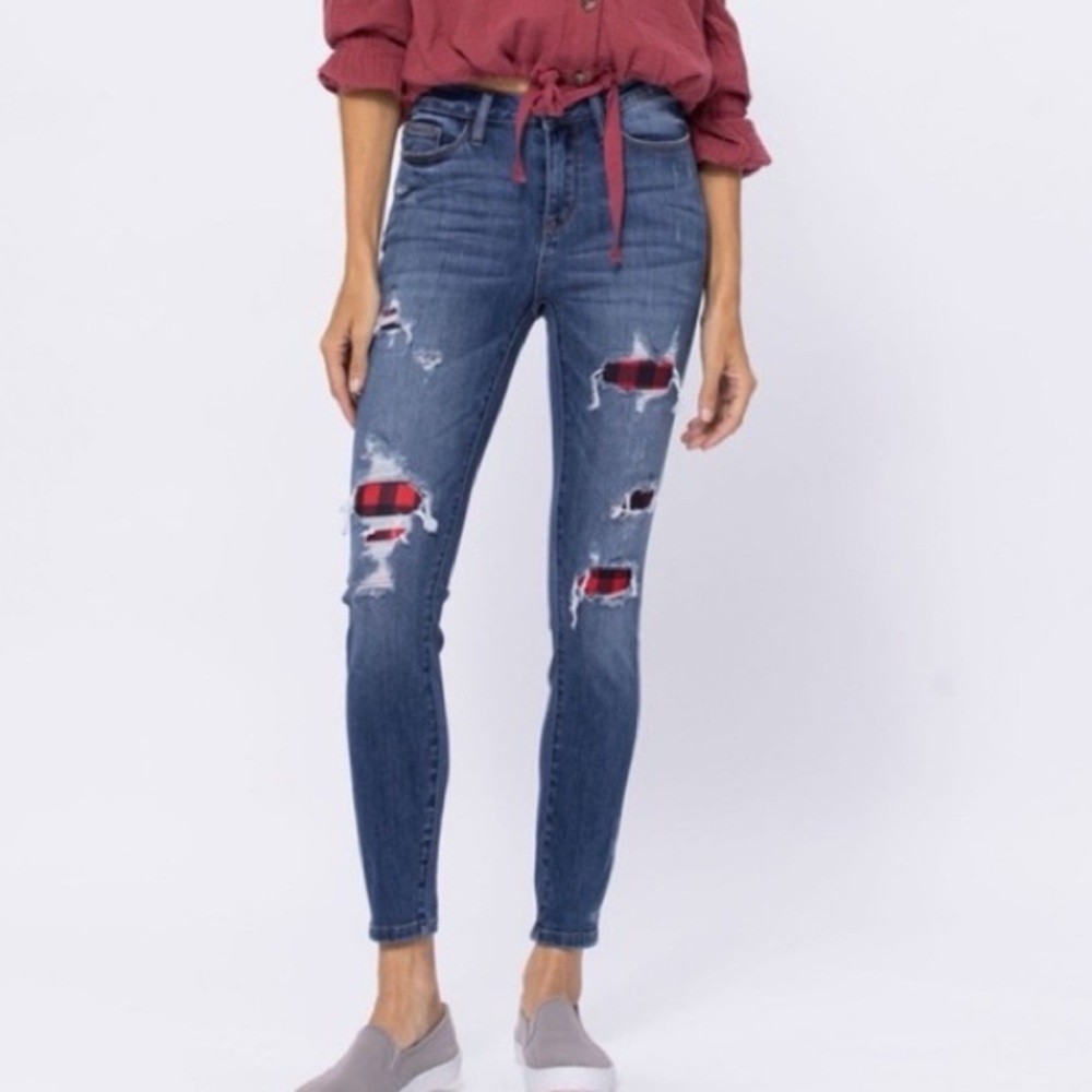 Judy Blue Distressed Buffalo Plaid Patch Blue Skinny Fit Jeans 0/24